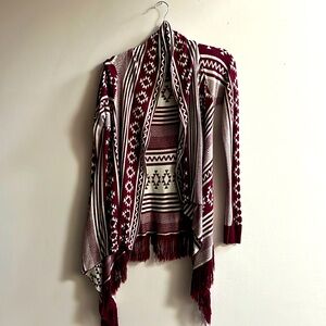 Women’s Size Small Navajo Sweater Jacket High Low Burgundy/Beige w/Fringes